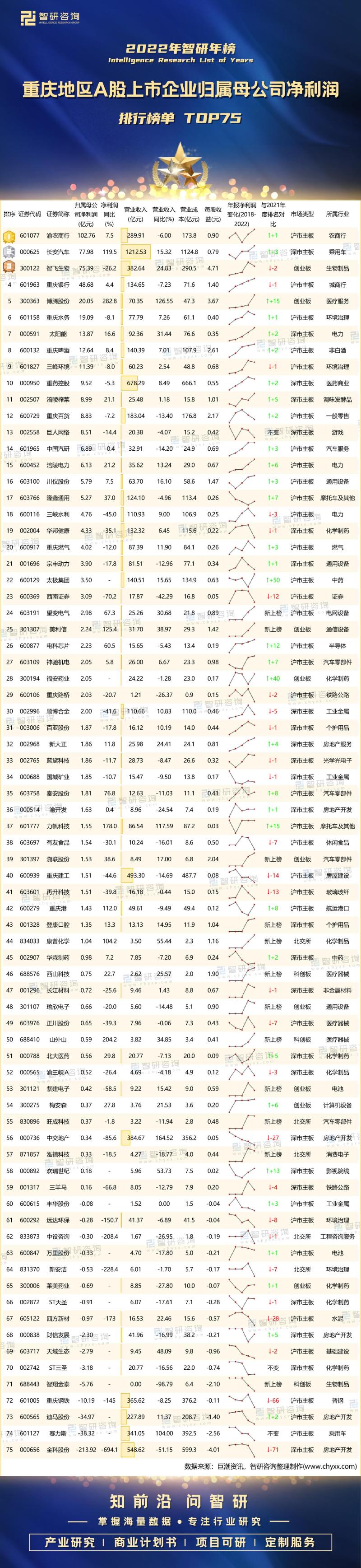 重庆地区A股上市企业归属母公司净利润排行榜单TOP75